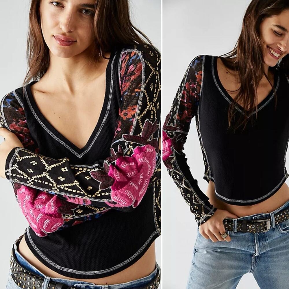 Free People Amara Embroidered Sleeve Thermal V Neck Top Black Pink Floral XS